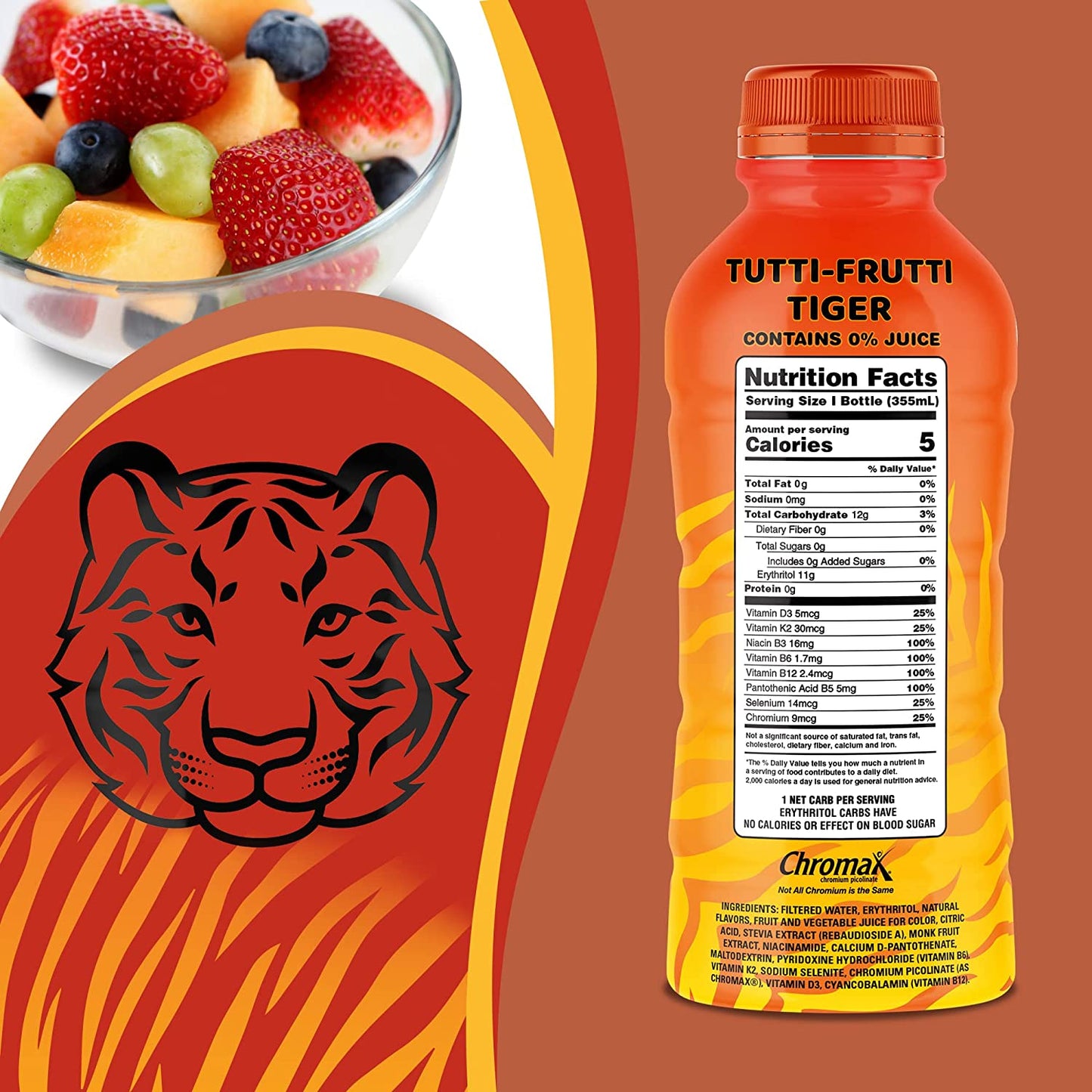 Vitamals Enhanced Flavored Water - Tutti Frutti Tiger - 12 fl oz (Pack of 6)