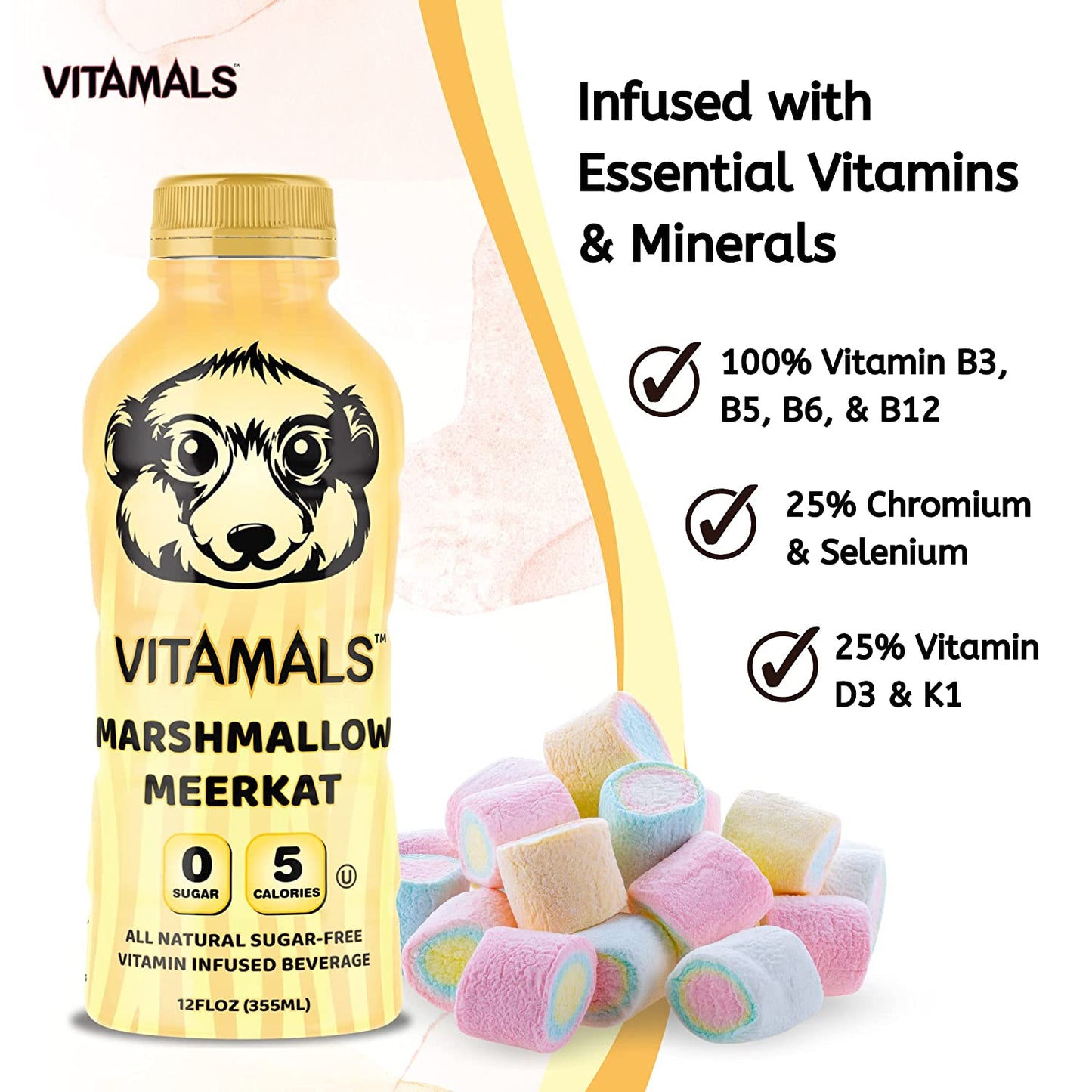 Vitamals Enhanced Flavored Water - Marshmallow Meerkat - 12 fl oz (Pack of 6)