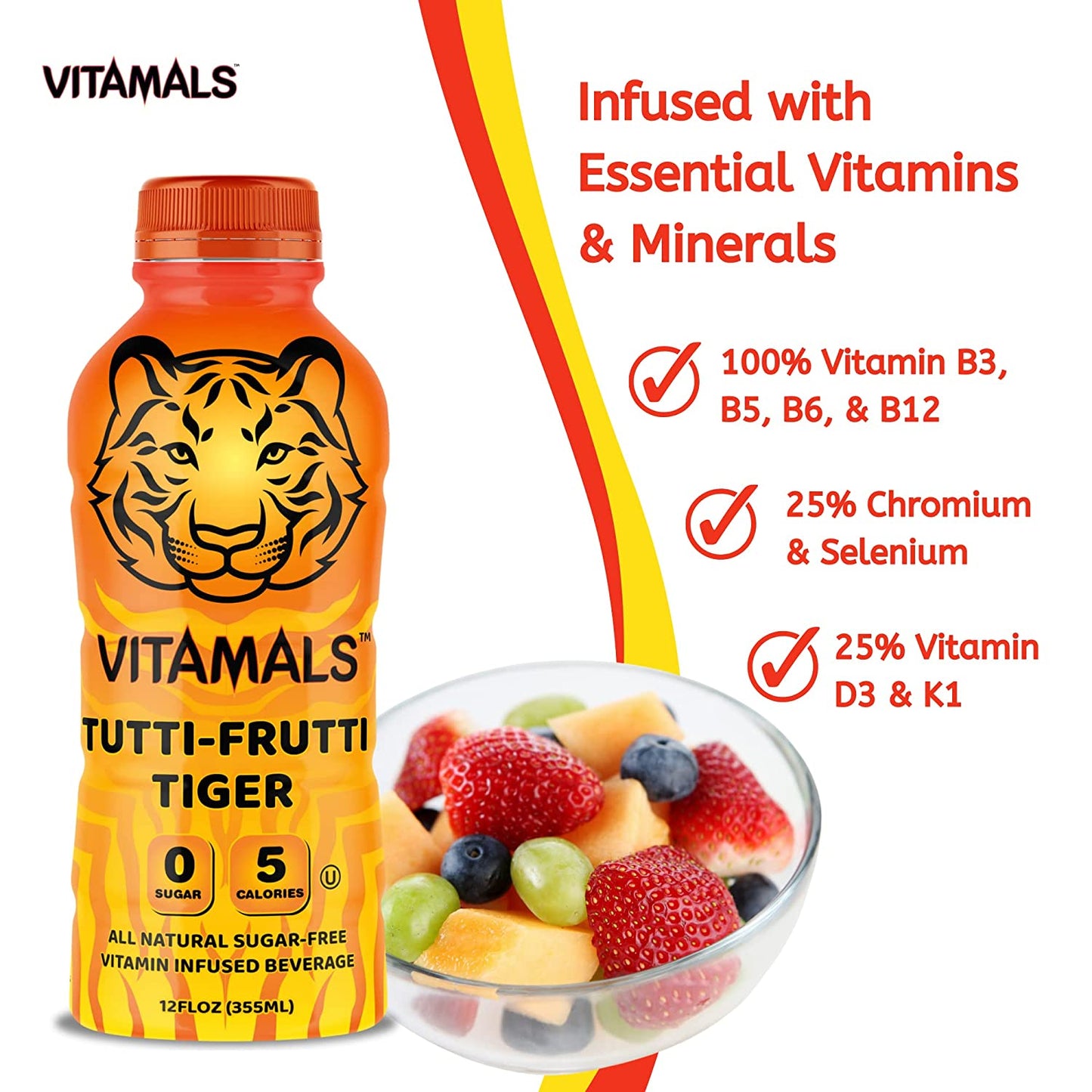 Vitamals Enhanced Flavored Water - Tutti Frutti Tiger - 12 fl oz (Pack of 6)