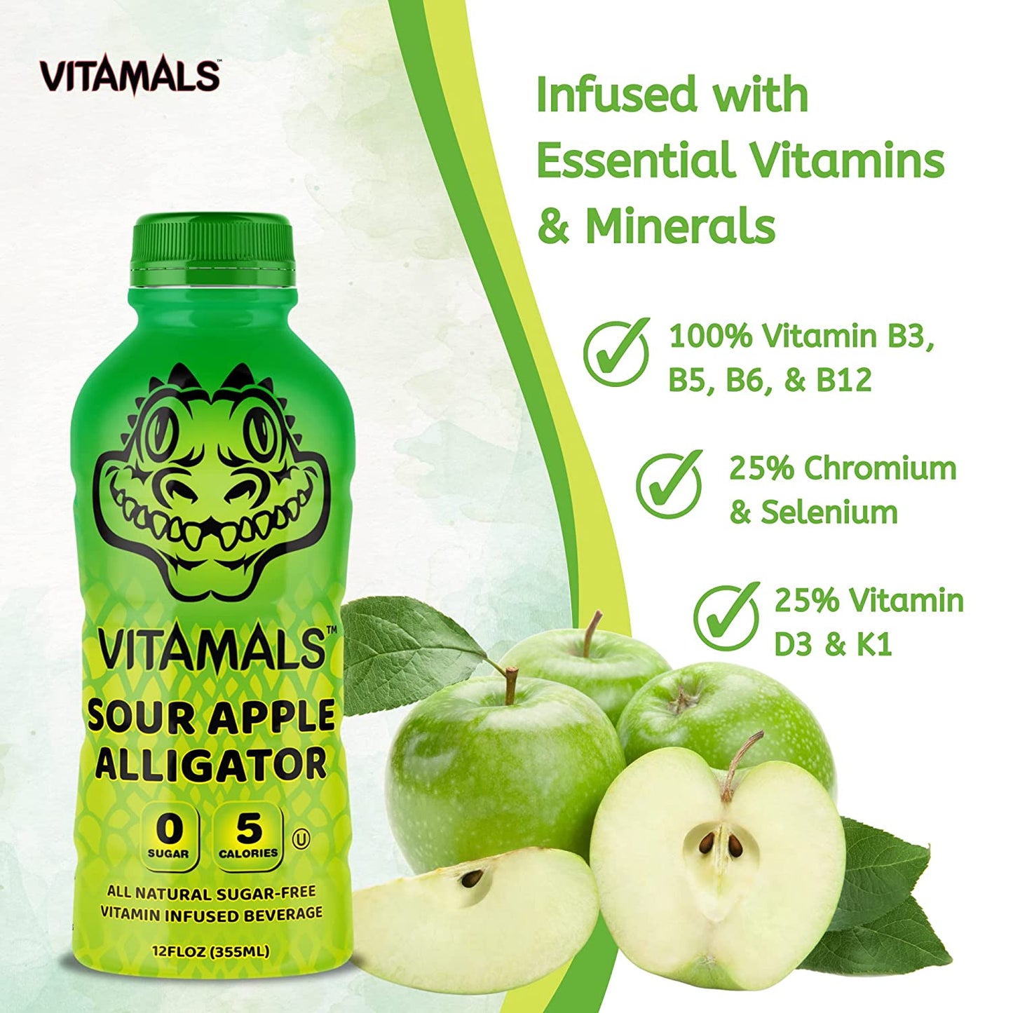 Vitamals Enhanced Flavored Water - Sour Apple Alligator - 12 fl oz (Pack of 6)