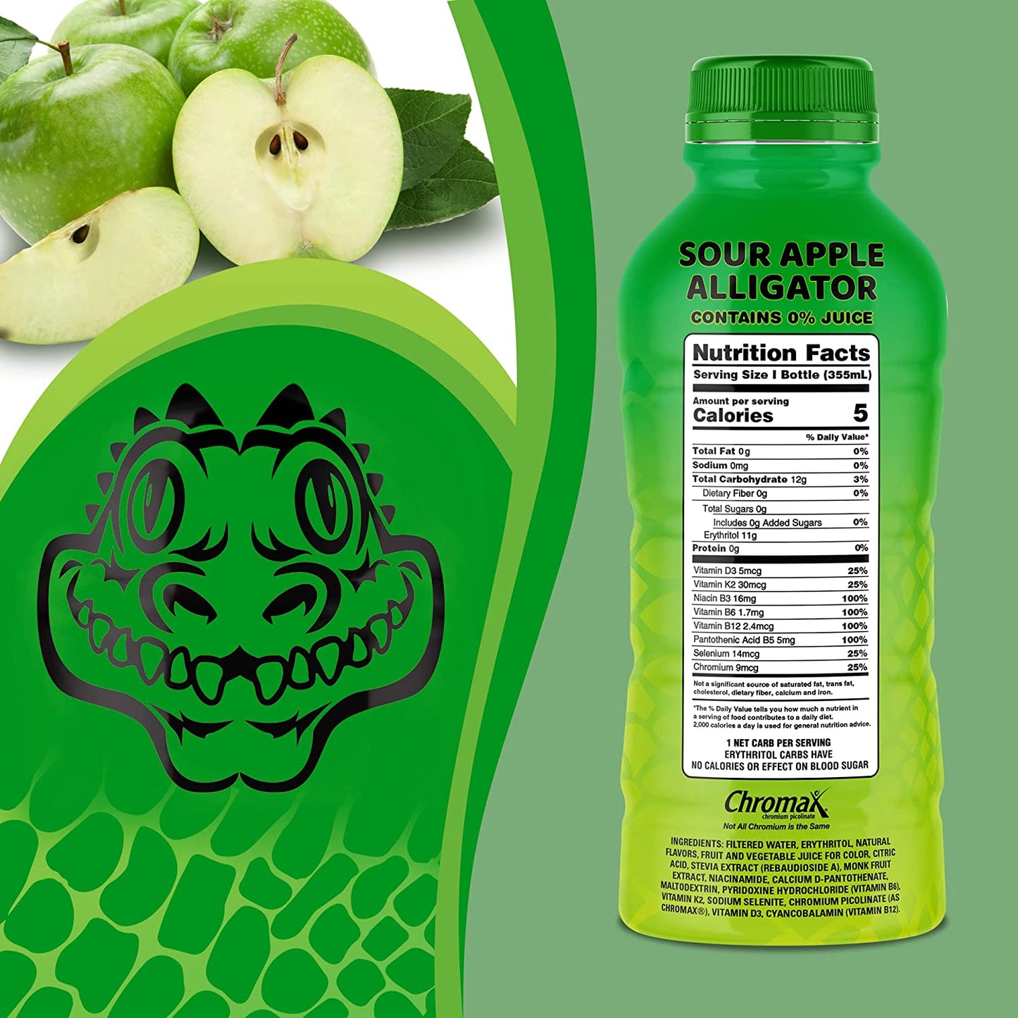 Vitamals Enhanced Flavored Water - Sour Apple Alligator - 12 fl oz (Pack of 6)