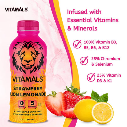 Vitamals Enhanced Flavored Water - Strawberry Lion Lemonade - 12 fl oz (Pack of 6)