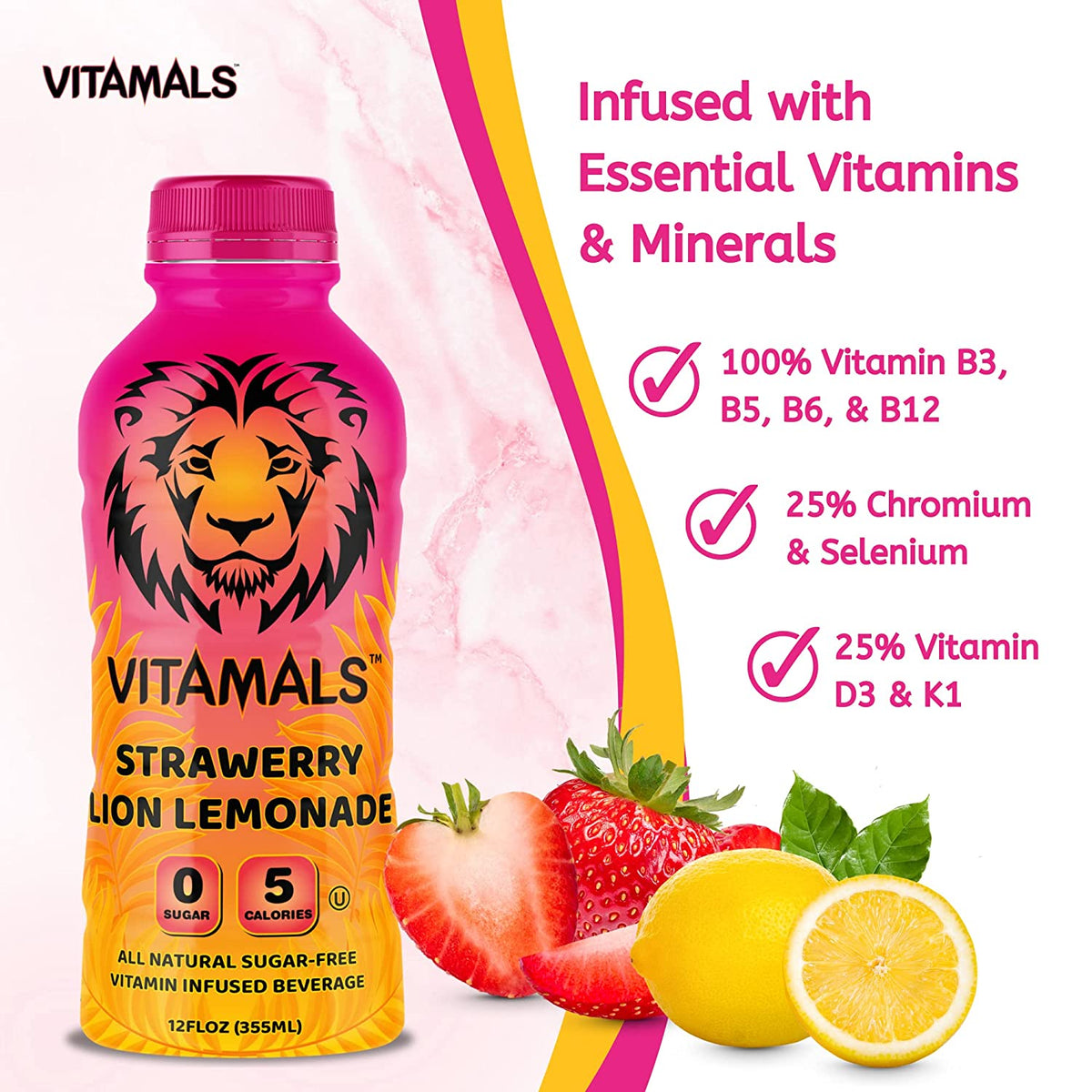Vitamals Enhanced Flavored Water - Strawberry Lion Lemonade - 12 fl oz (Pack of 6)